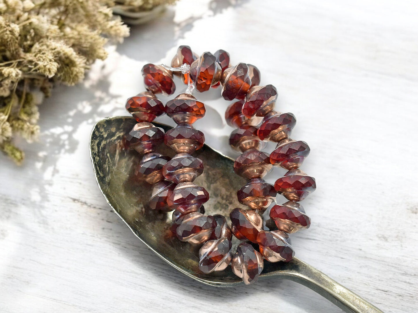 *15* 6x8mm Copper Washed Blended Ruby Red & Orange Saturn Beads