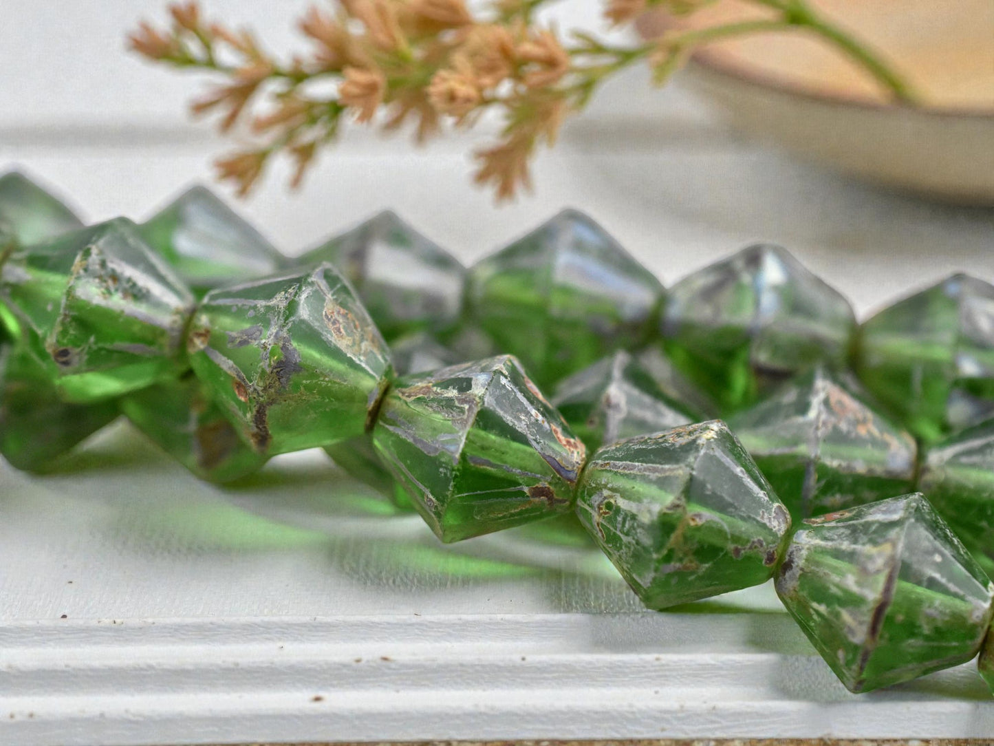 *6* 15mm Emerald Green Travertine Faceted Bicone Beads