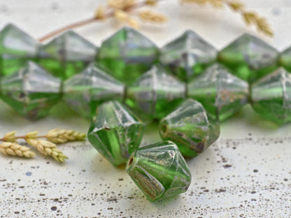 *6* 15mm Emerald Green Travertine Faceted Bicone Beads