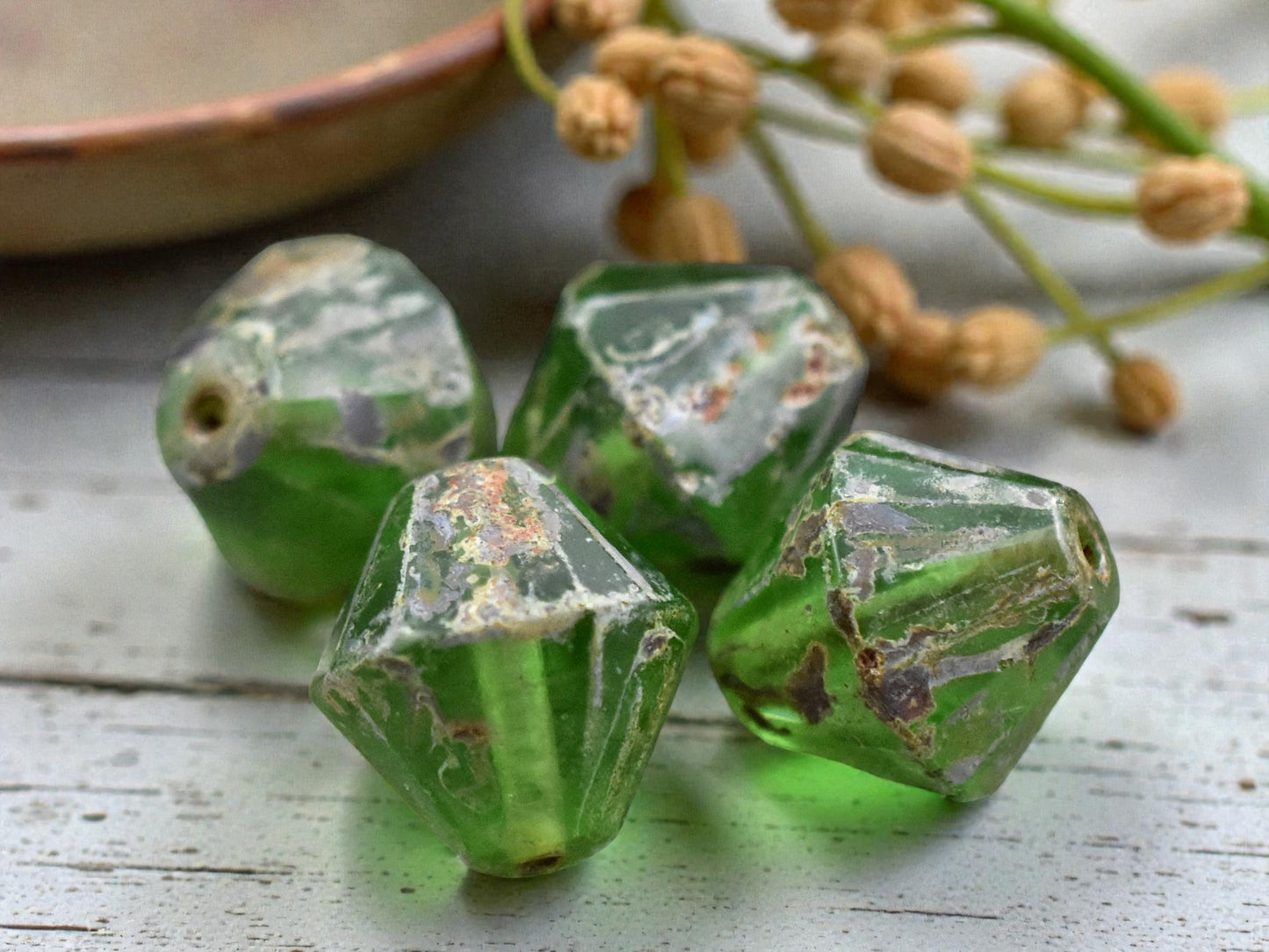 *6* 15mm Emerald Green Travertine Faceted Bicone Beads