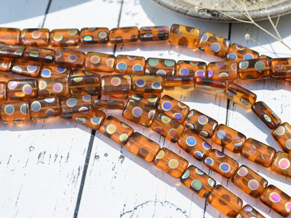 *13* 15x10mm Laser Etched Amber Polka Dot Rectangle Beads