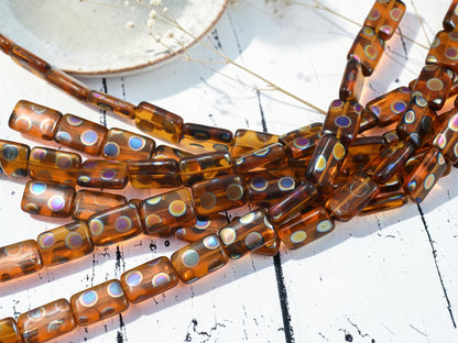 *13* 15x10mm Laser Etched Amber Polka Dot Rectangle Beads