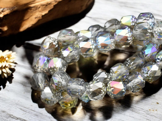 *12* 8mm Silver Washed Crystal AB Fire Polished Cathedral Beads