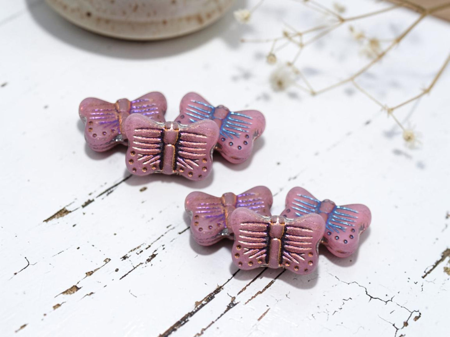 *10* 16x11mm Metallic Volcano Washed Pink Opaline Butterfly Beads
