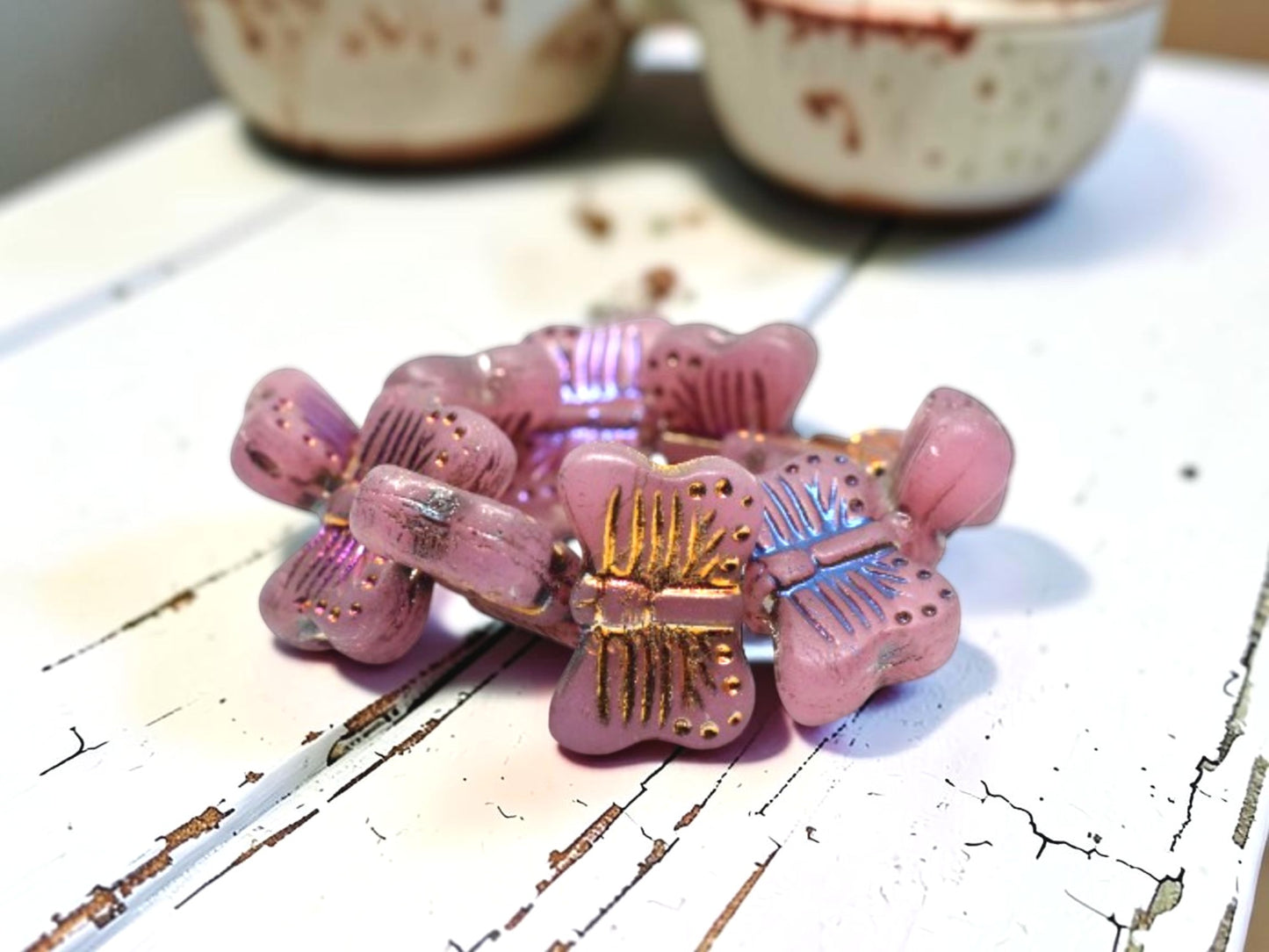*10* 16x11mm Metallic Volcano Washed Pink Opaline Butterfly Beads