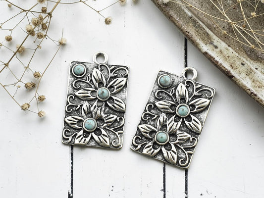 *5* 30x19mm Antique Silver Rectangle Plumeria Floral Charms