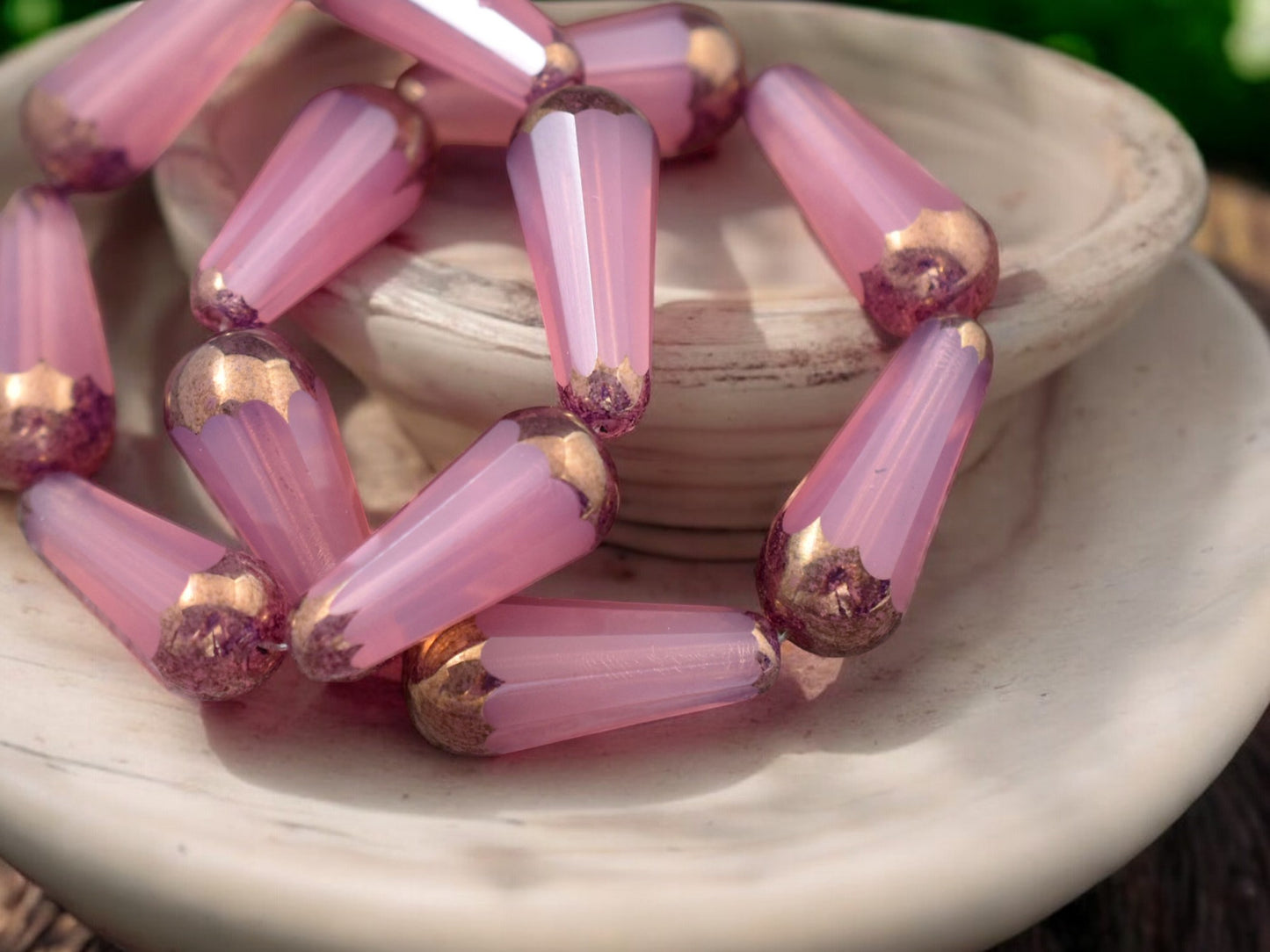 *6* 8x20mm Bronze Tipped Dusty Pink Opaline Faceted Drop Beads
