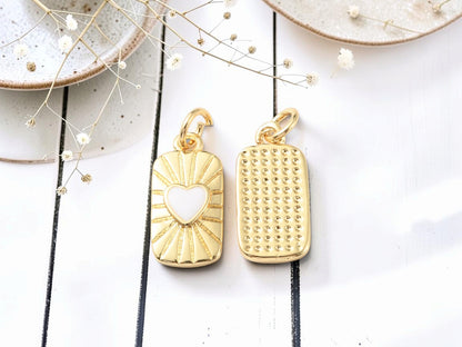 *5* 17x8mm 18k Gold Plated Rectangle Charms w/White Enamel Heart