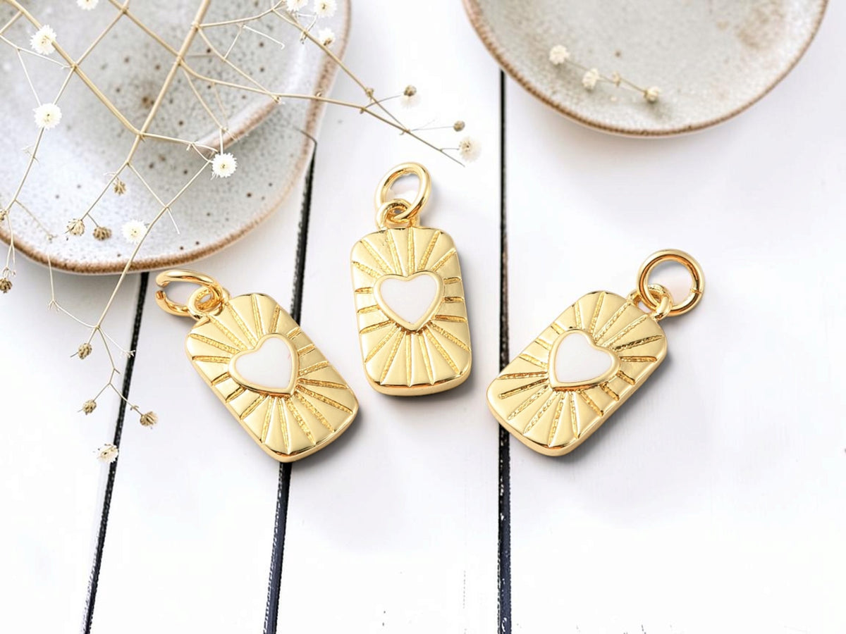 *5* 17x8mm 18k Gold Plated Rectangle Charms w/White Enamel Heart