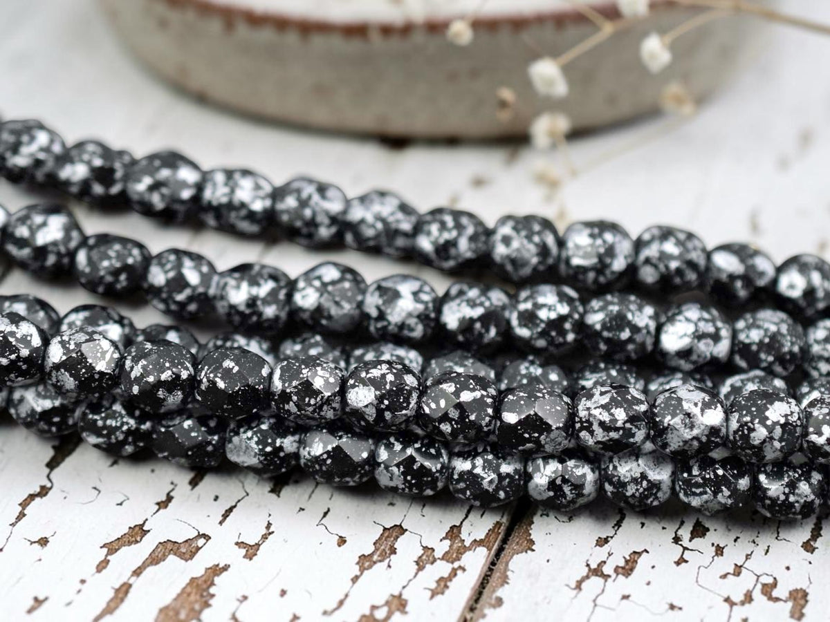 *25* 6mm Jet Metallic Silver Fire Polished Round Beads
