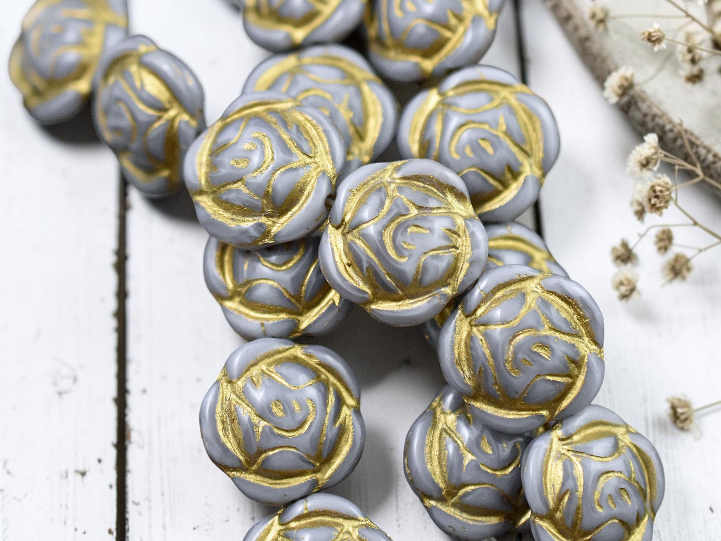*6* 17mm Bronze Washed Gray Silk Rose Flower Coin Beads