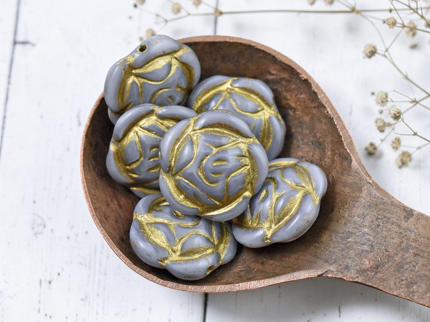 *6* 17mm Bronze Washed Gray Silk Rose Flower Coin Beads