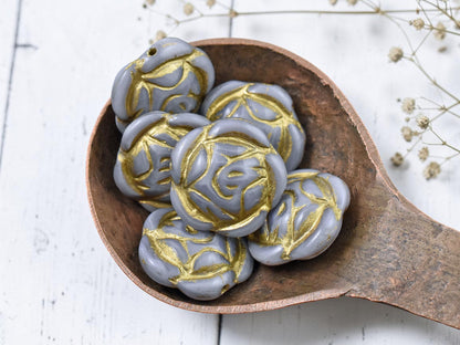 *6* 17mm Bronze Washed Gray Silk Rose Flower Coin Beads