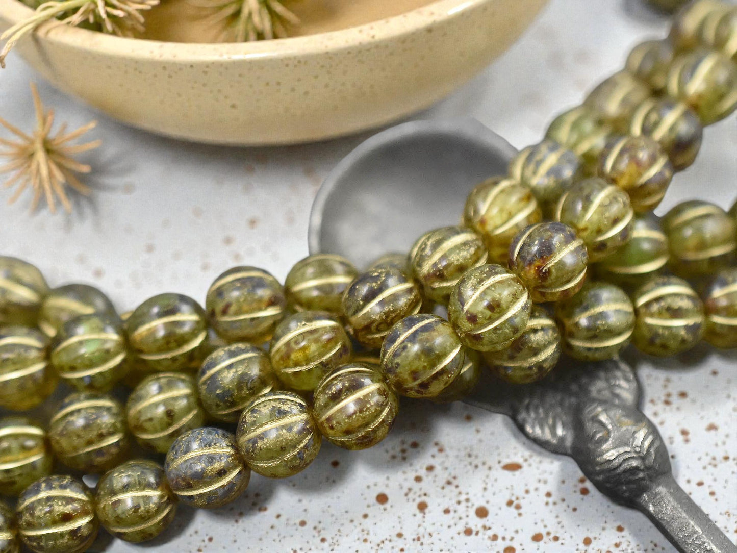 *16* 8mm Gold Washed Green Amber Picasso Round Melon Beads