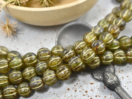 *16* 8mm Gold Washed Green Amber Picasso Round Melon Beads