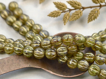 *16* 8mm Gold Washed Green Amber Picasso Round Melon Beads