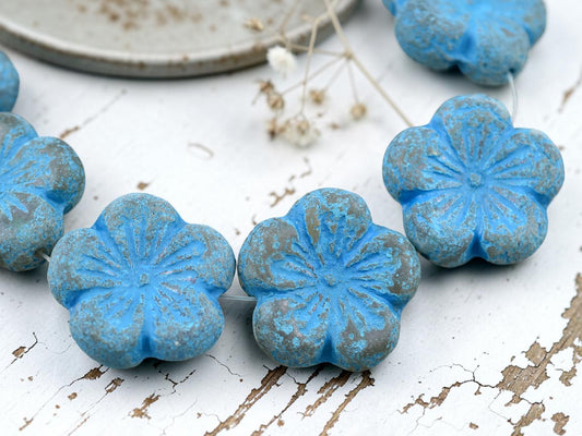 21mm Etched Turquoise Washed Amber Hibiscus Flower Beads - 2 Beads