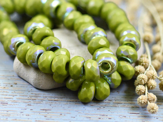 *25* 6x9mm Opaque Avocado Green AB Faceted Large Hole Rondelle Roller Beads