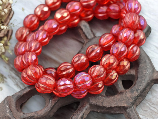 *20* 8mm Copper Washed Pink Lustered Ruby Red Faceted Round Melon Beads
