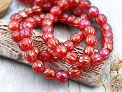*20* 8mm Copper Washed Pink Lustered Ruby Red Faceted Round Melon Beads