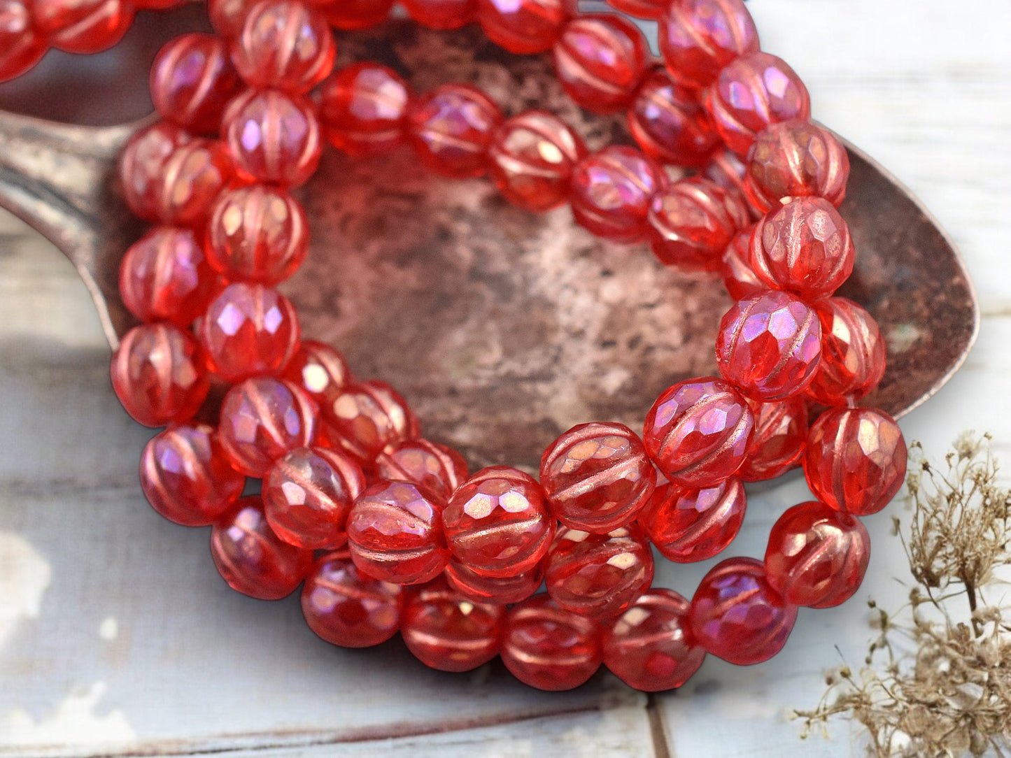 *20* 8mm Copper Washed Pink Lustered Ruby Red Faceted Round Melon Beads