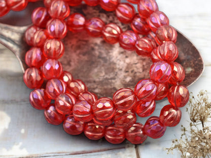 *20* 8mm Copper Washed Pink Lustered Ruby Red Faceted Round Melon Beads