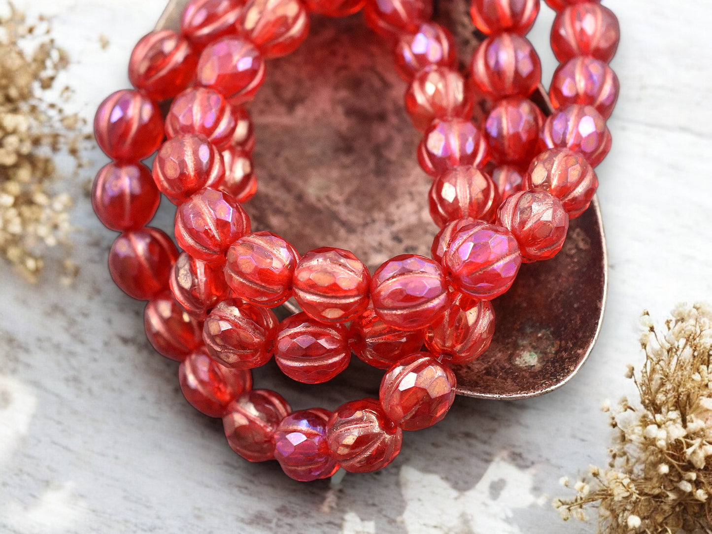 *20* 8mm Copper Washed Pink Lustered Ruby Red Faceted Round Melon Beads