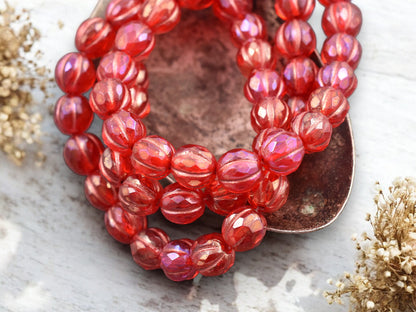 *20* 8mm Copper Washed Pink Lustered Ruby Red Faceted Round Melon Beads