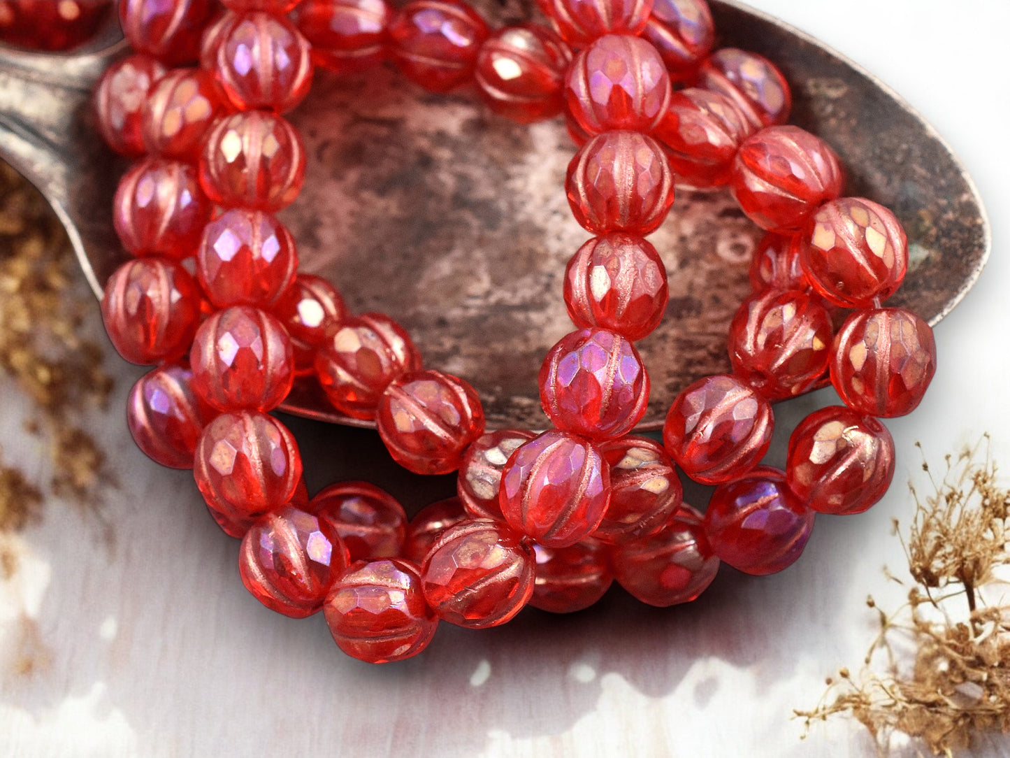 *20* 8mm Copper Washed Pink Lustered Ruby Red Faceted Round Melon Beads