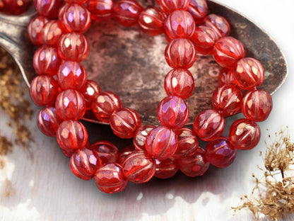 *20* 8mm Copper Washed Pink Lustered Ruby Red Faceted Round Melon Beads