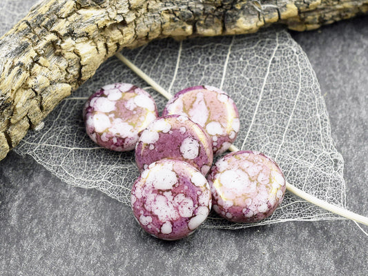 *10* 15mm Pink Luster Picasso Washed Alabaster Thick Coin Beads