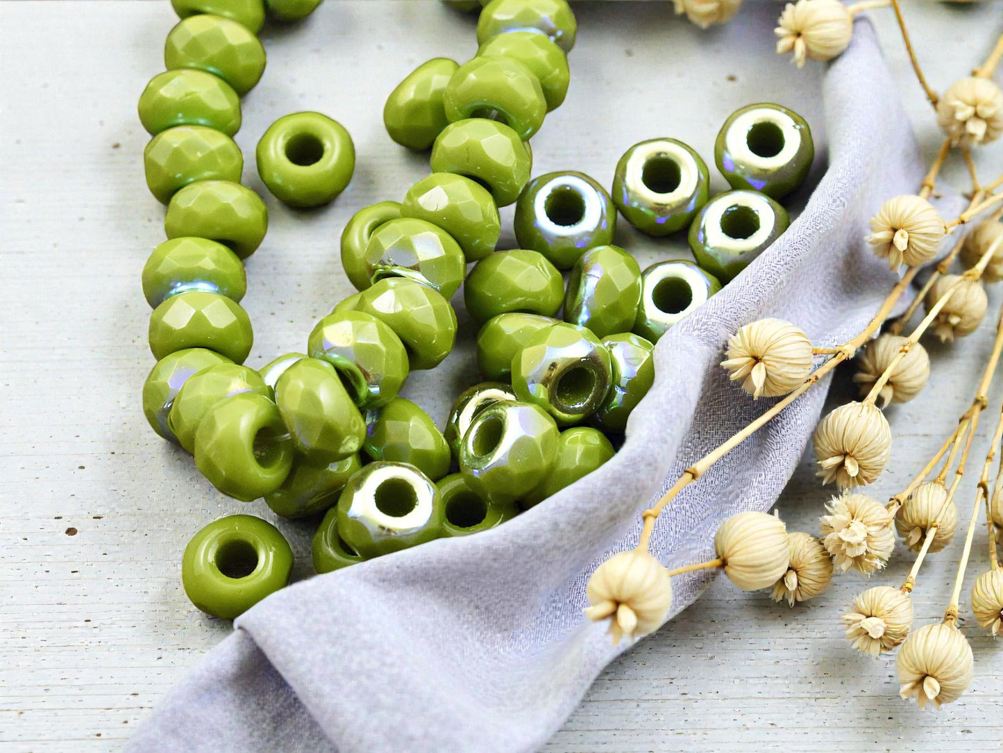 *25* 6x9mm Opaque Avocado Green AB Faceted Large Hole Rondelle Roller Beads