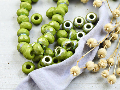 *25* 6x9mm Opaque Avocado Green AB Faceted Large Hole Rondelle Roller Beads