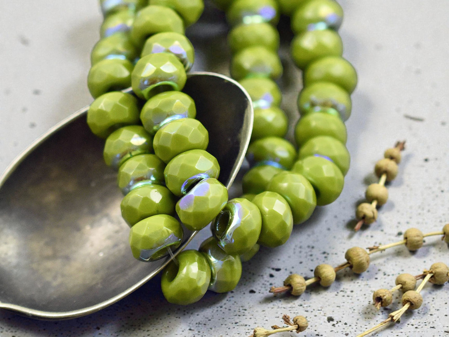 *25* 6x9mm Opaque Avocado Green AB Faceted Large Hole Rondelle Roller Beads
