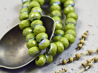 *25* 6x9mm Opaque Avocado Green AB Faceted Large Hole Rondelle Roller Beads