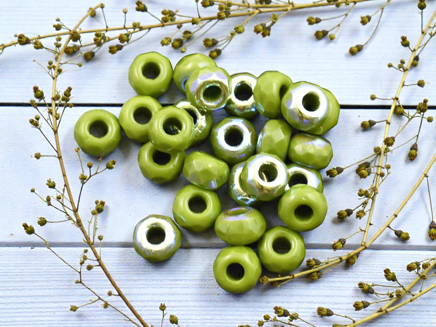*25* 6x9mm Opaque Avocado Green AB Faceted Large Hole Rondelle Roller Beads