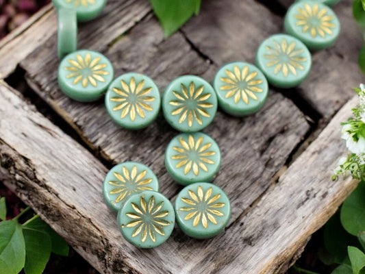 *15* 12mm Gold Washed Green Turquoise Aster Flower Coin Beads