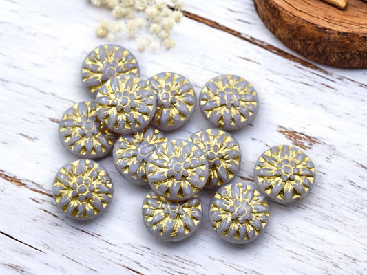 *12* 15mm Gold Washed Lilac Opaline Dahlia Flower Coin Beads