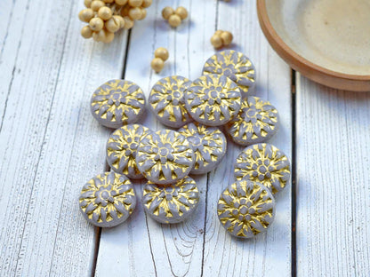 *12* 15mm Gold Washed Lilac Opaline Dahlia Flower Coin Beads