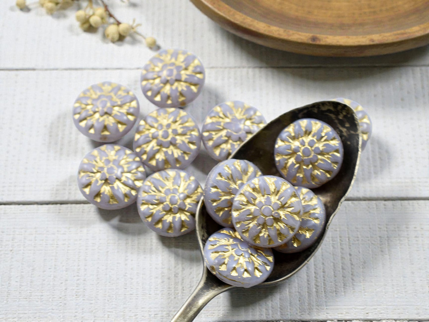*12* 15mm Gold Washed Lilac Opaline Dahlia Flower Coin Beads