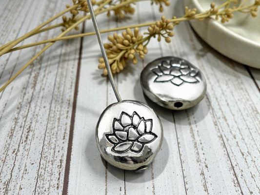 *10* 14mm Antique Silver Lotus Flower Design Coin Beads