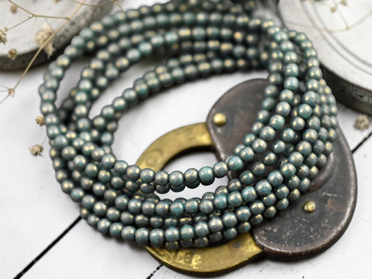 *50* 3mm Gold Washed Persian Turquoise Round Druk Beads