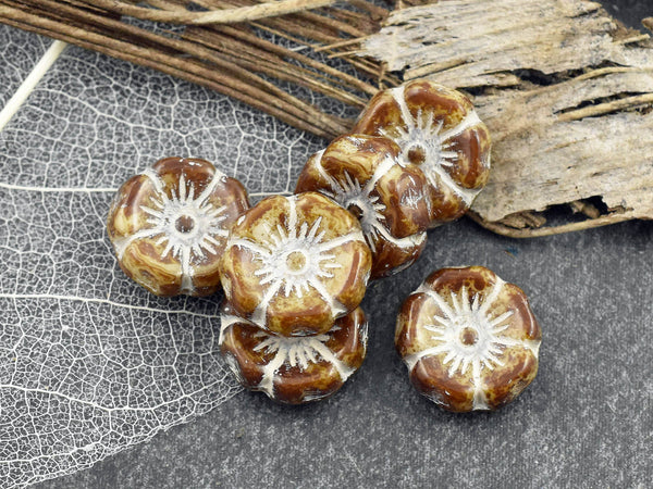 *12* 12mm Silver Mercury Washed Beige Picasso Hawaiian Flower Beads
