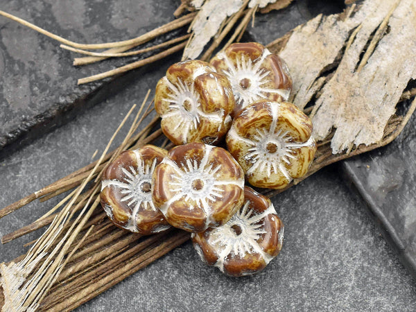 *12* 12mm Silver Mercury Washed Beige Picasso Hawaiian Flower Beads