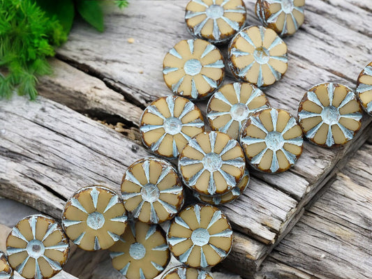 *8* 12mm Turquoise Washed Opaque Sandy Beige Cosmo Flower Beads
