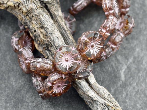 *12* 12mm Pink Washed Crystal Picasso Hawaiian Flower Beads