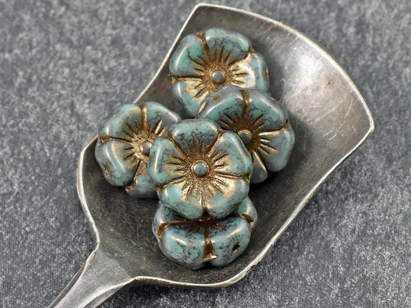 *12* 12mm Gold Lustered Bronzed Sea Green Turquoise Hawaiian Flower Beads