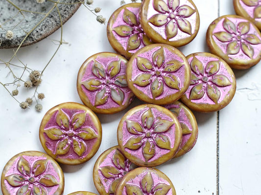 *6* 18mm Metallic Pink Washed Alabaster Picasso Floral Coin Beads