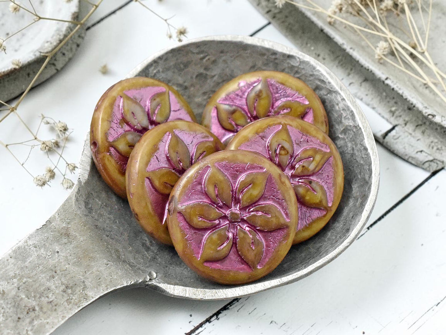 *6* 18mm Metallic Pink Washed Alabaster Picasso Floral Coin Beads