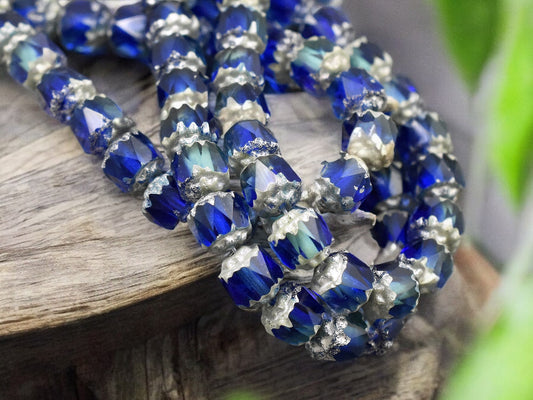 *20* 6mm Antique Silver Washed Sapphire Aqua Cathedral Beads